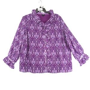 Talbots Purple Paisley Blouse Womens Plus Size 3X Ruffle Front Flared Cuffs Boho